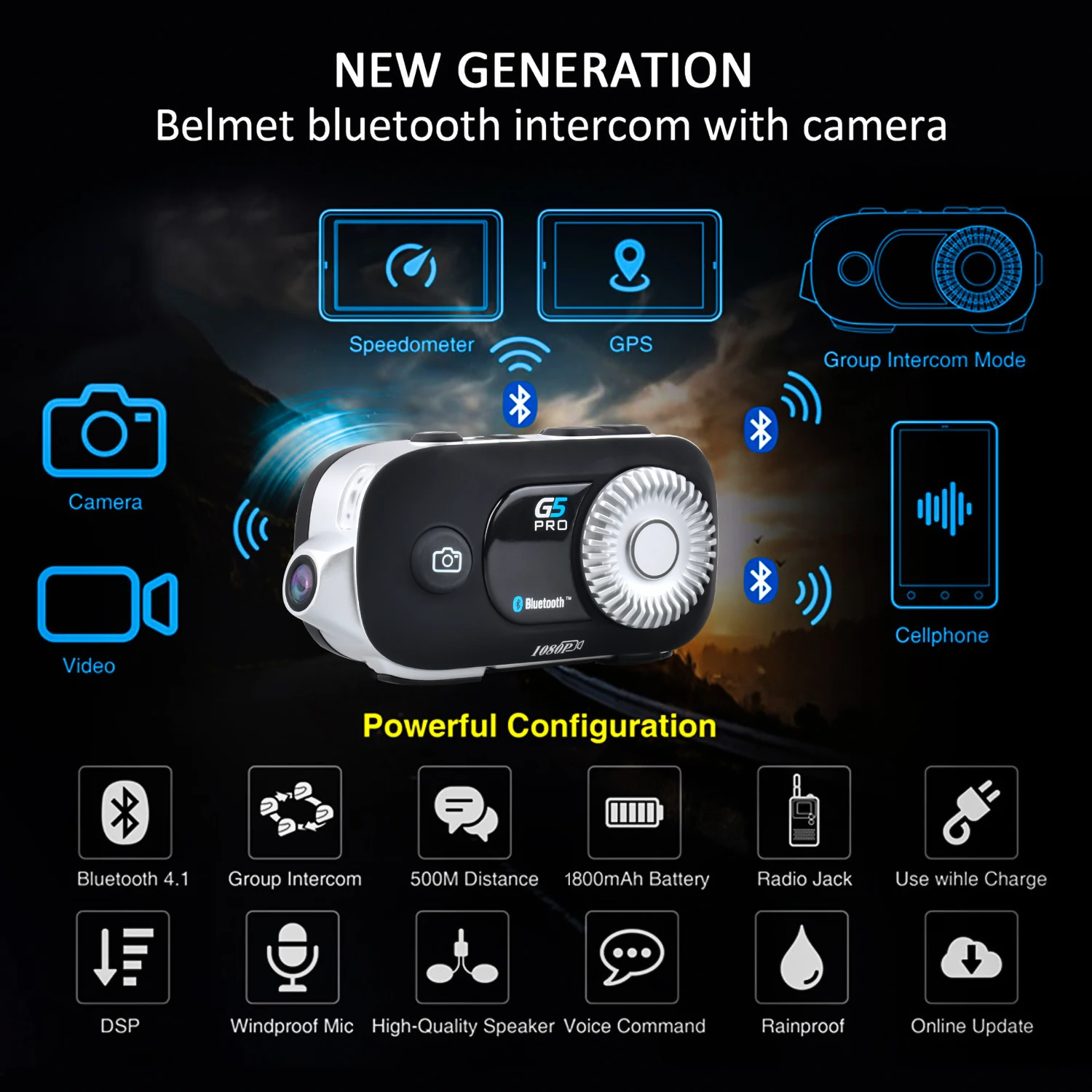G5 Pro Motorcycle Helmet Intercom 1080P Video Wifi Recorder Camera Moto Helmet Headset Bluetooth Gr