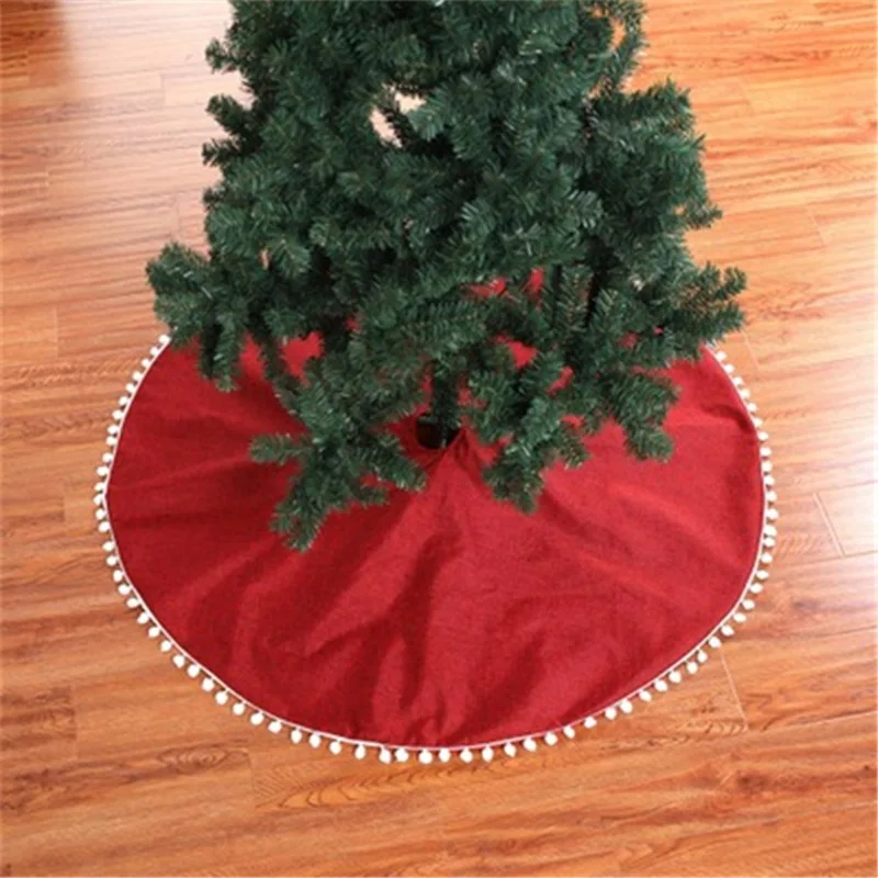 

New Christmas Tree Skirt With Whtie Pom Pom Balls 48-Inch Linen Cloth Invisible Nylon Clasp Closure Xmas Tree Apron Party Decor