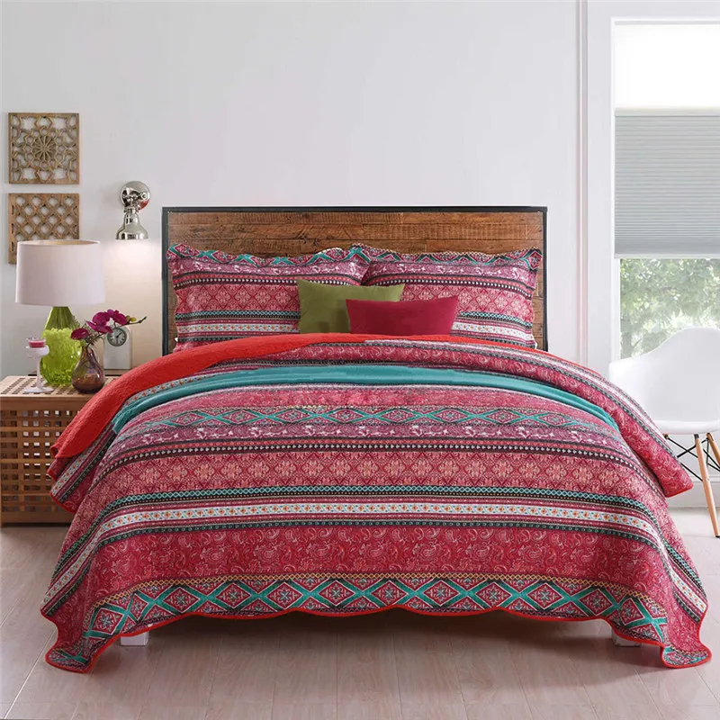 

Vintage Bohemian 100% Cotton Bedspread Quilt Set Double Bed Quilted Bed Cover King Coverlet Printed 3-piece Pillow Shams