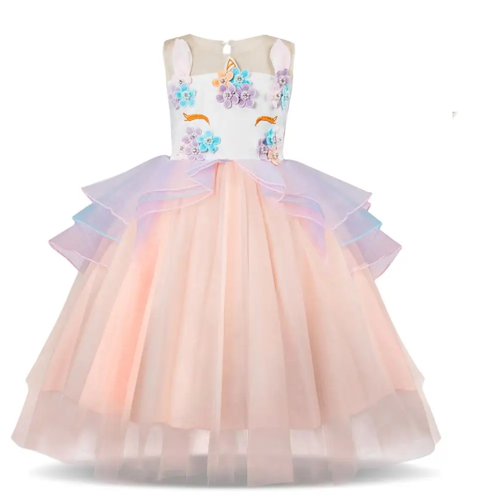 Коллекция года, нарядное рождественское платье для девочек Детские платья для девочек, вечерние платья с единорогом одежда для детей Карнавальный костюм для детей возрастом 3, 4, 5, 6, 7, 8 лет - Цвет: Peachy