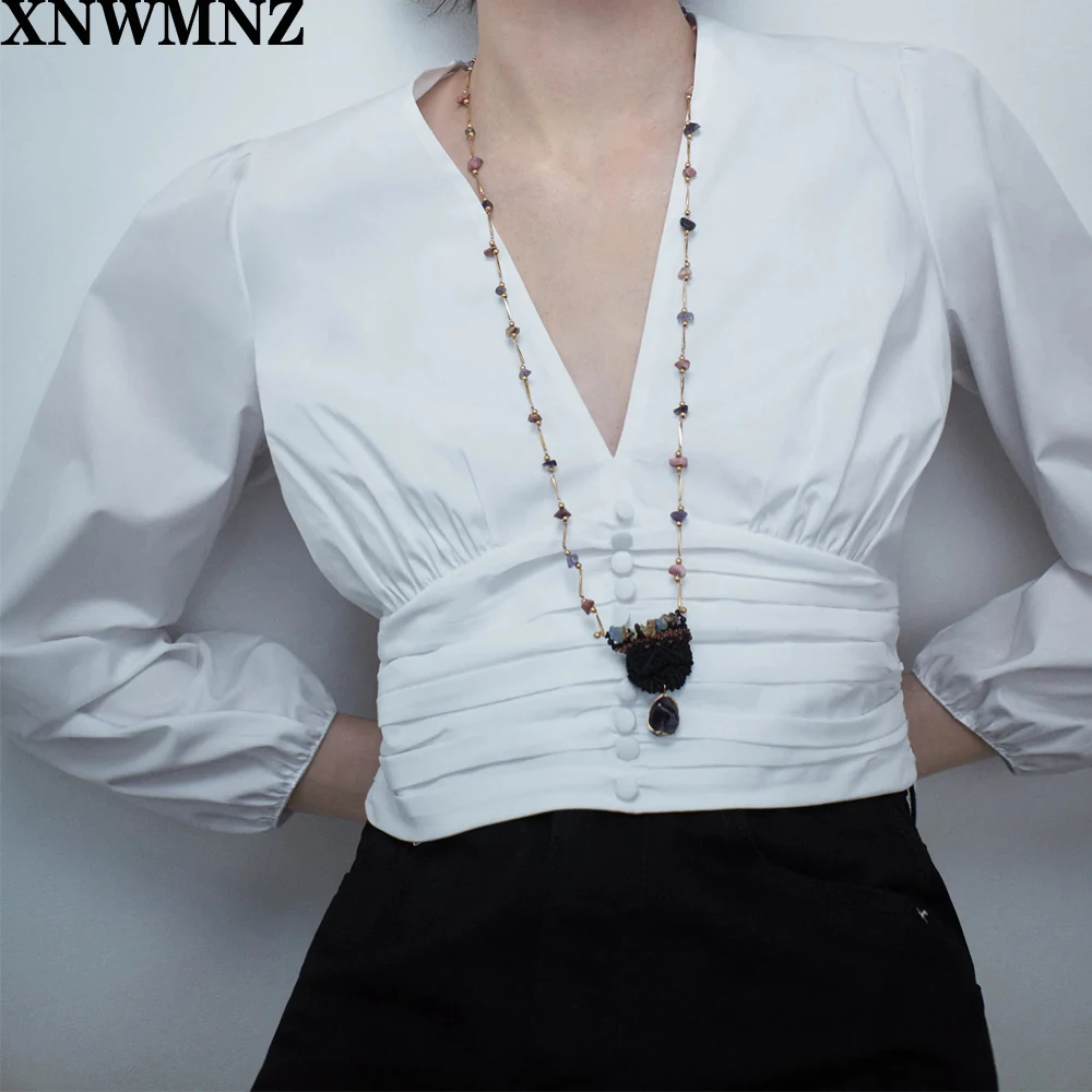 

XNWMNZ za Elegant V Neck Tops Women's Puff Sleeve Blouse 2020 Elegant Button Down Blusas Female High Wasit Solid Tunic