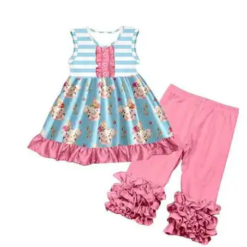 

boutique outfits hot sale fashionable girl ruffles floral pig summer clothes stripe design