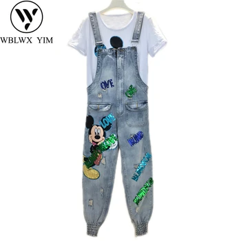 

Cartoon Sequins Hole Denim Overalls Women Spring Summer Loose Jumpsuits High Waist Beaded Rompers Female Casual Jean Jumpsuit