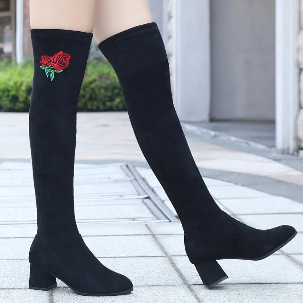 Обувь модные женские ботинки zapatos de mujer; женские ботильоны выше колена Повседневные высокие сапоги-трубы на высоком квадратном каблуке с круглым носком