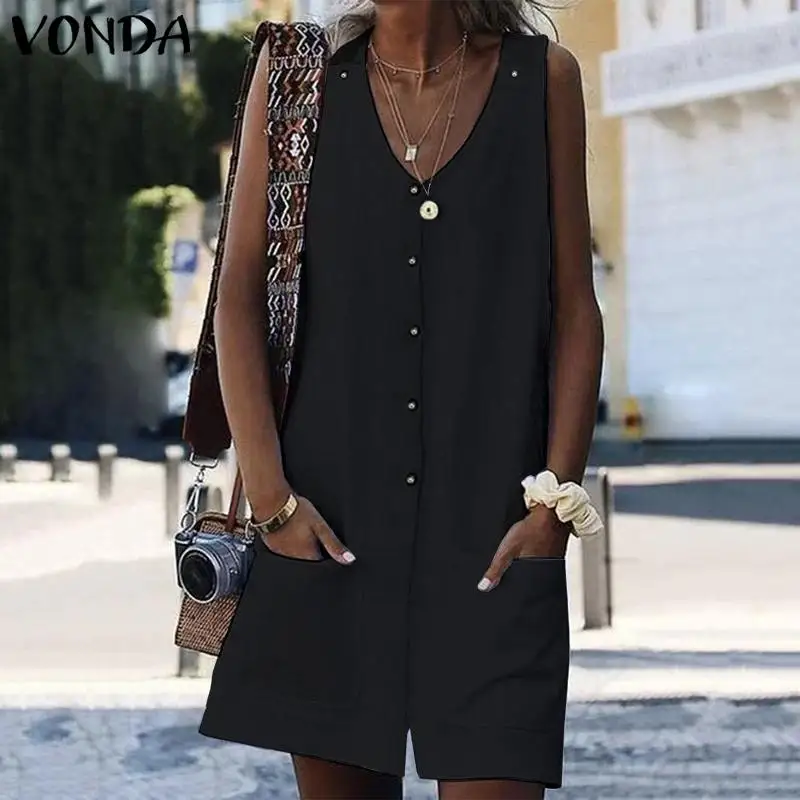 VONDA модные Повседневное свободные летние Pantalon Для женщин s плюс Размеры сексуальное платье без рукавов с v-образным вырезом, комбинезоны, женские костюмы Шорты 5XL