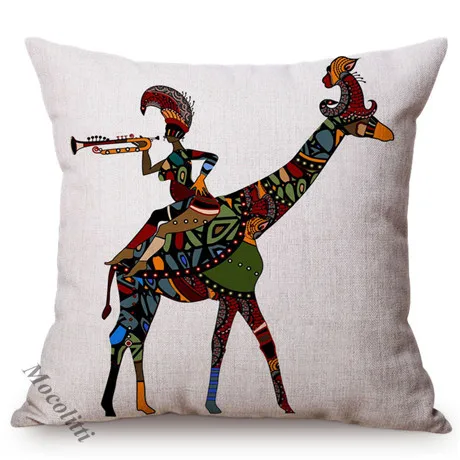 African Folk Traditional Music Art Hand Painted Africa Women Ride Giraffe Abstract Pattern Sofa Pillow Cover Linen Cushion Cover K156-1