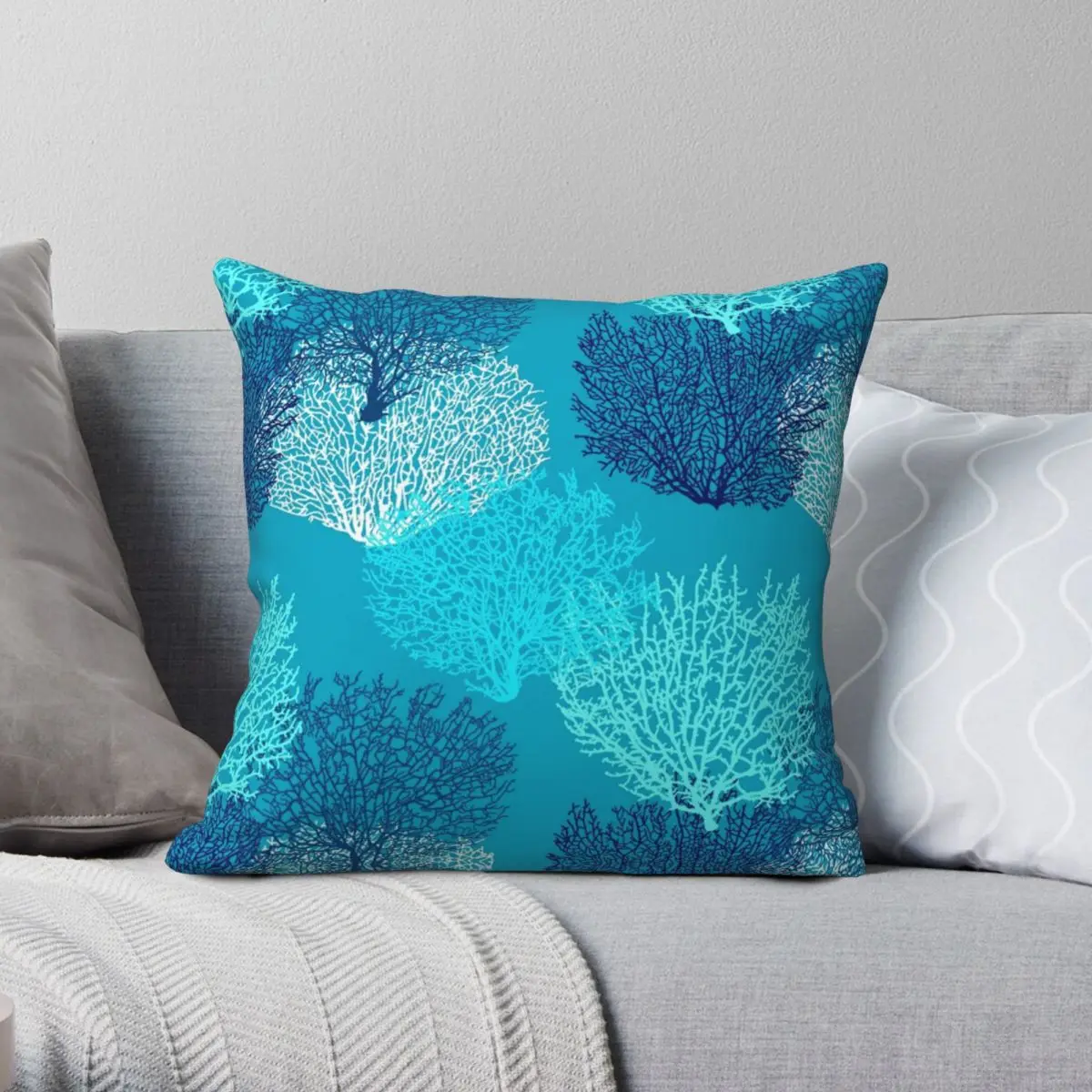 Fan Coral Print Turquoise Aqua And Cobalt Blue Square Pillowcase Polyester Linen Velvet Printed Zip Decorative Bed Cushion Cover | Дом и сад