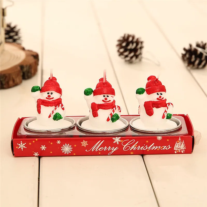 3Pcs Xmas Handmade Smokeless Candle Tea Light Santa Claus Snowman Gift Box Pattern Christmas Celebration Decor