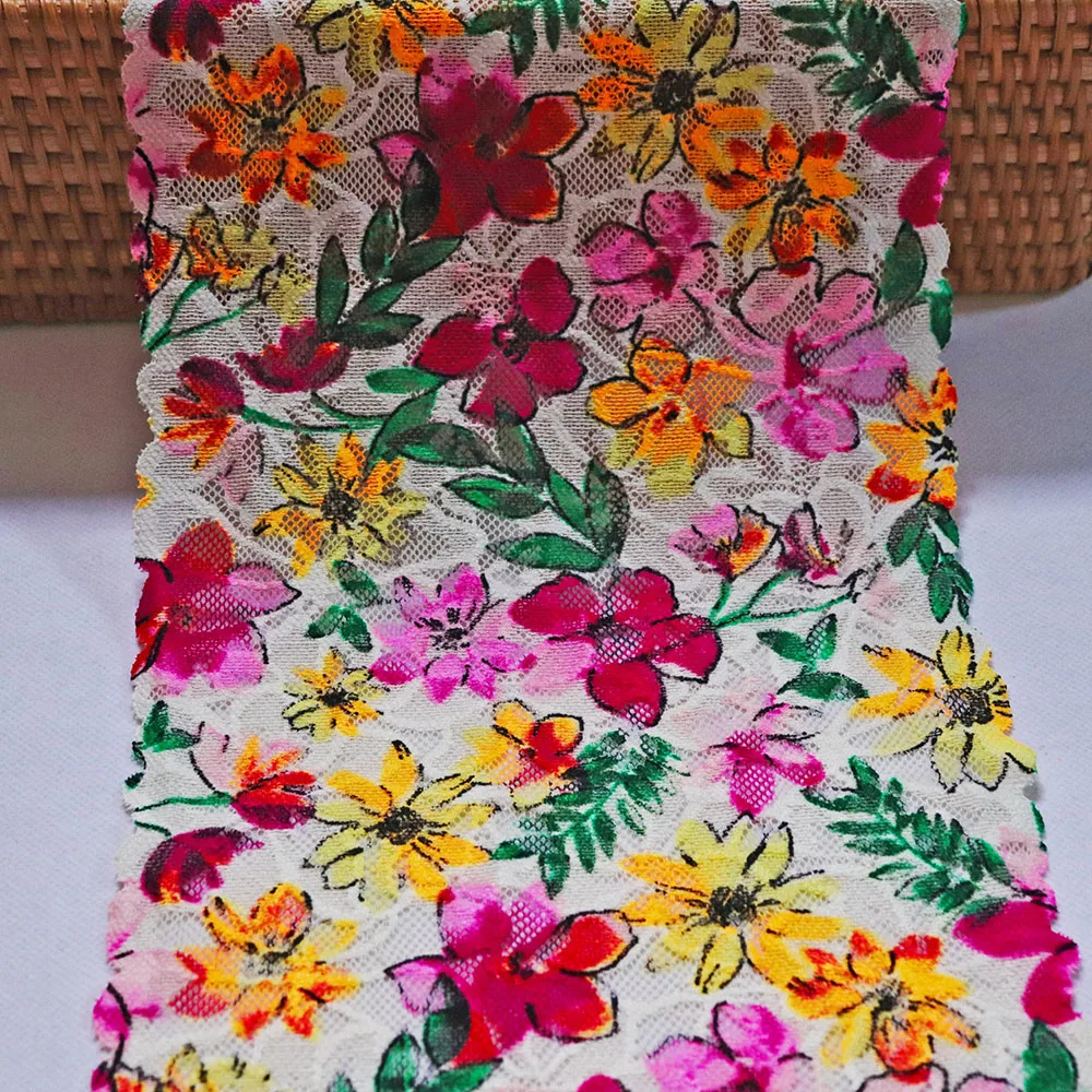 

3 Yards 19.5 CM Width Colorful Flowers Printed Elastic Lace Trim For Clothes Accessories Bra Garter Sewing Stretch Fabric DIY