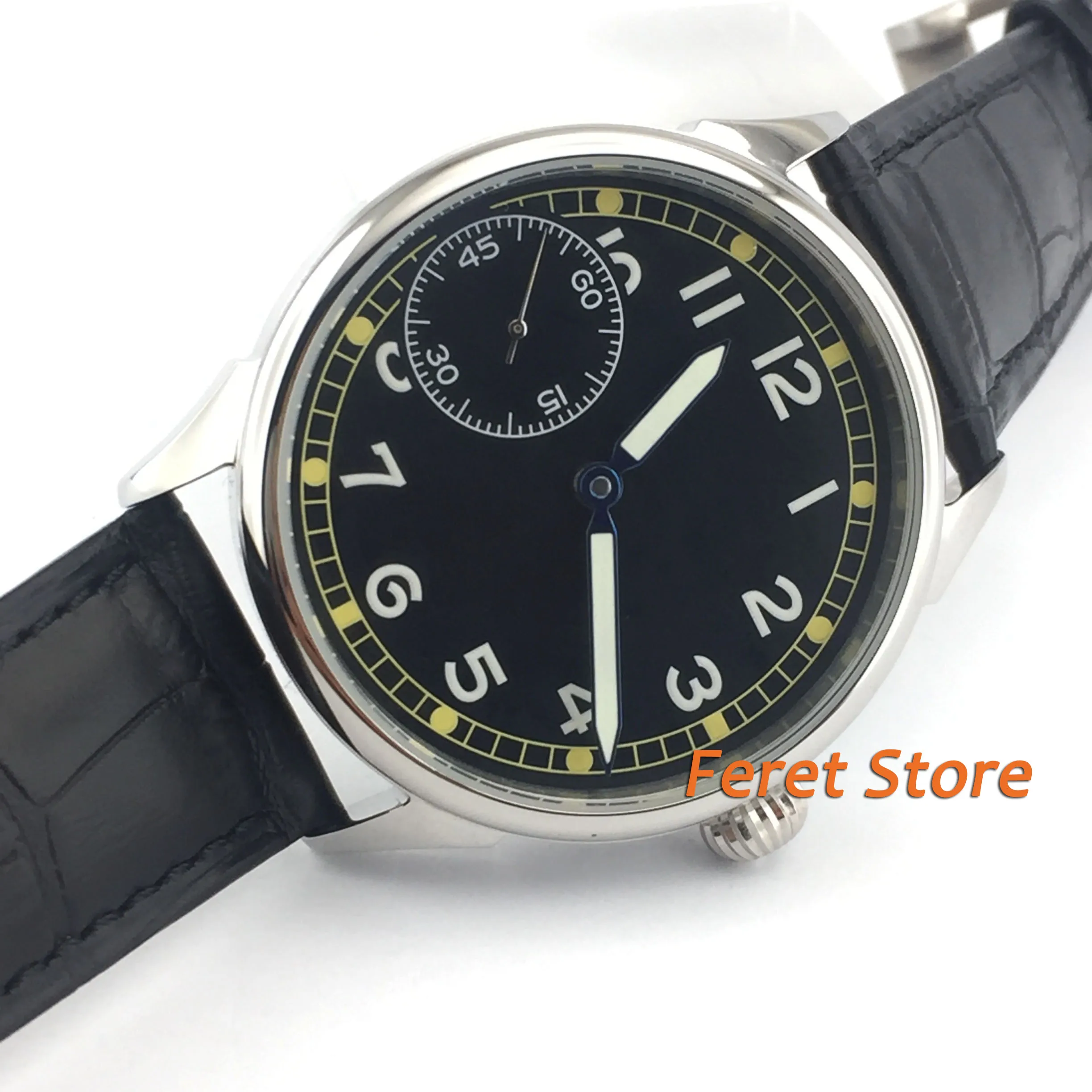 

44mm black dial solid 316L stainless steel case Leather strap luminous 6497 Hand Winding movement mens wrist Watch