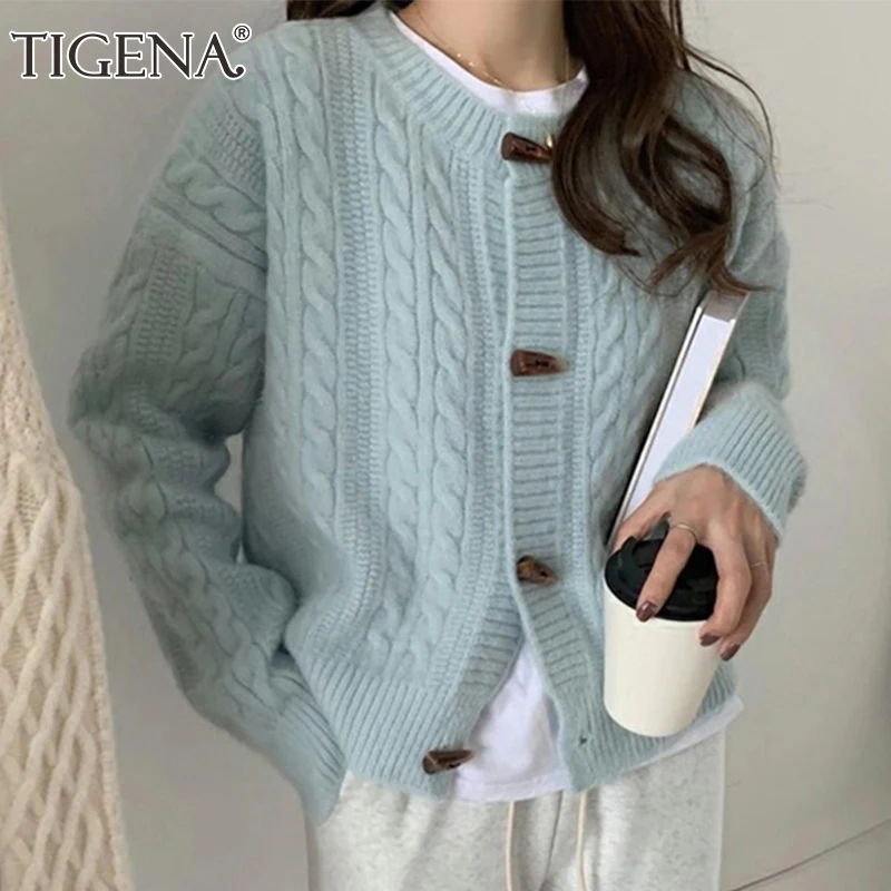 TIGENA Women Cardigan Sweater 2021 Spring Autumn Horn Button Long Sleeve Short Cropped Female Knitted Jacket Coat |