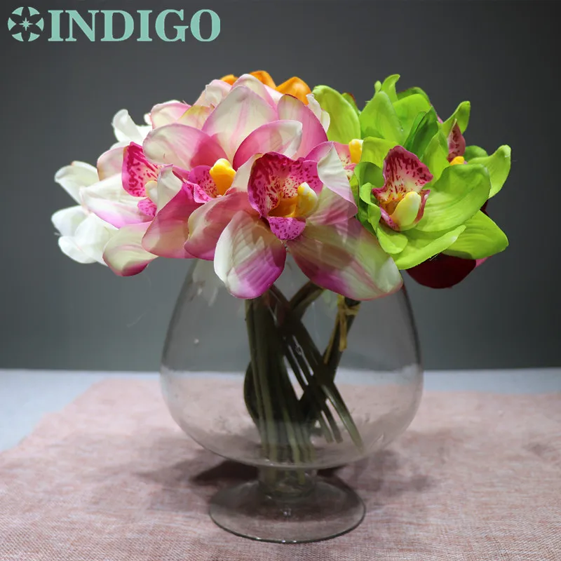 Индиго 5 шт. мини оранжевый орхидеи Цимбидиум букет Настоящее прикосновение Свадебные цветы искусственные цветы для мероприятий и вечеринок