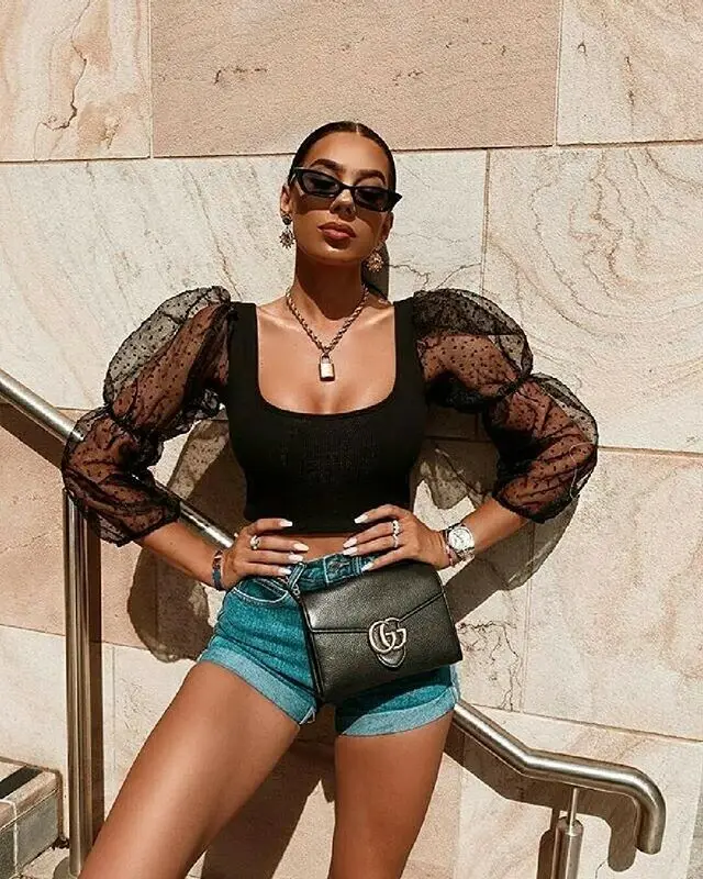 

New Women See-through Sheer Mesh Polka Dot Long Sleeve Square Collar Short Blouse Ladies Puff Sleeve Patchwork Crop Top Shirts