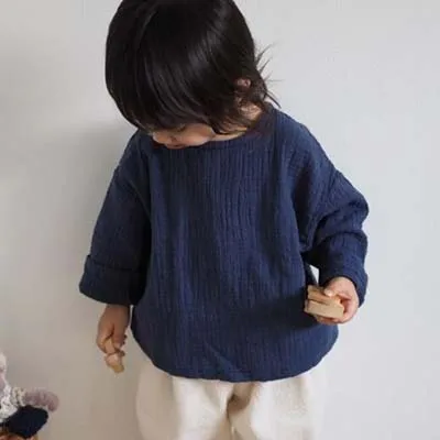 VV318 Navy blue Новинка года; Японская Повседневная Блузка для маленьких мальчиков и девочек; льняная верхняя одежда с длинными рукавами; Осенняя детская футболка - Цвет: VV318 Navy blue