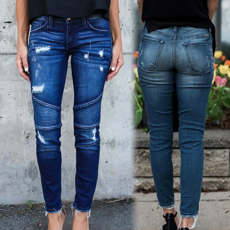 OEAK Slim Fit плиссированные отверстие стрейч узкие облегающие штаны модный стиль сексуальный Повседневное Для женщин джинсы Прямые джинсы с Высокая Талия