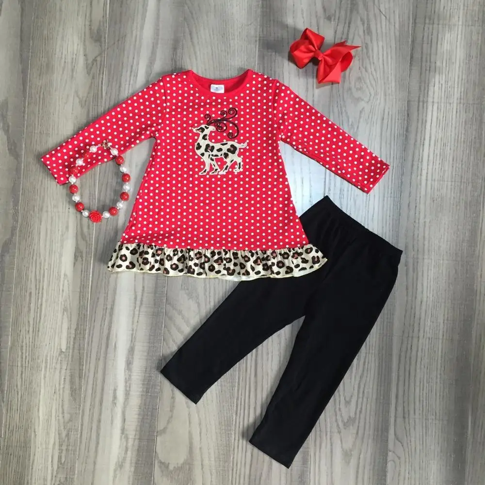 Одежда для маленьких девочек; рождественские наряды для девочек; платье с оленем и леопардовым принтом; черные штаны; зимняя одежда для малышей с аксессуарами
