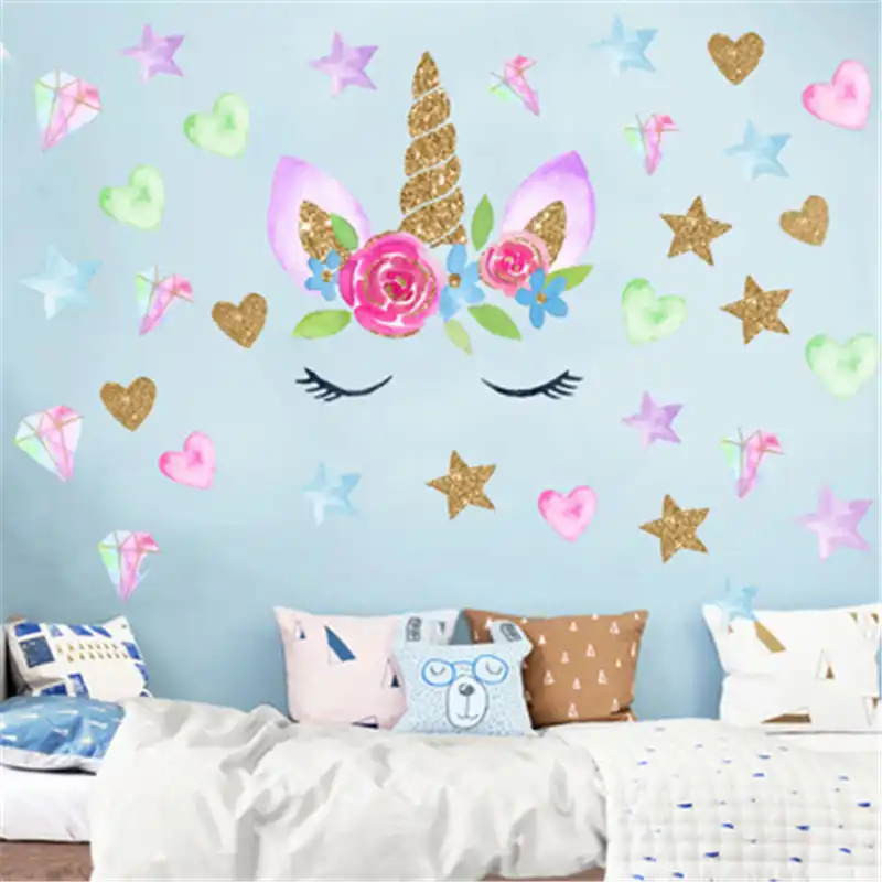 Pegatinas De Pared De Unicornio Con Flores De Dibujos Animados