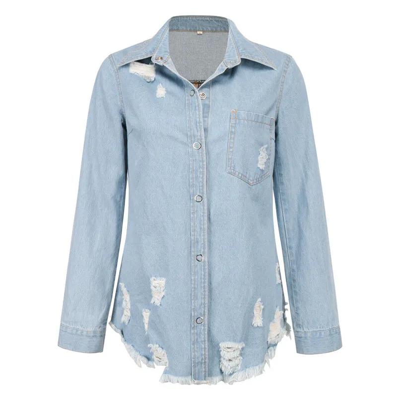Light blue Винтажные женские джинсовые рваные куртки повседневная синяя джинсовая куртка пальто осень зима мода отверстие уличная верхняя одежда - Цвет: Light blue