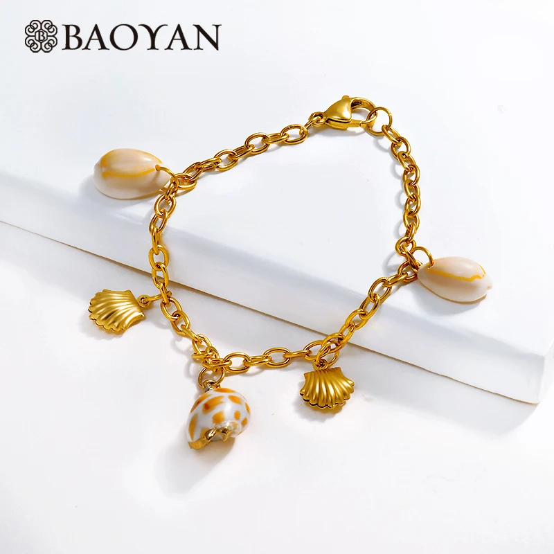 Baoyan позолоченные браслеты цепочки из нержавеющей стали Boho Cowrie Sea Shell браслет
