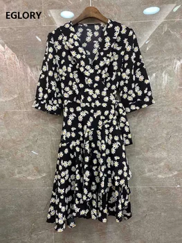 

Newest Fashion Style Summer Dress 2020 High Quality Women V-Neck Vintage Sunflower Print Bow Waist Deco Half Sleeve Casual Dress