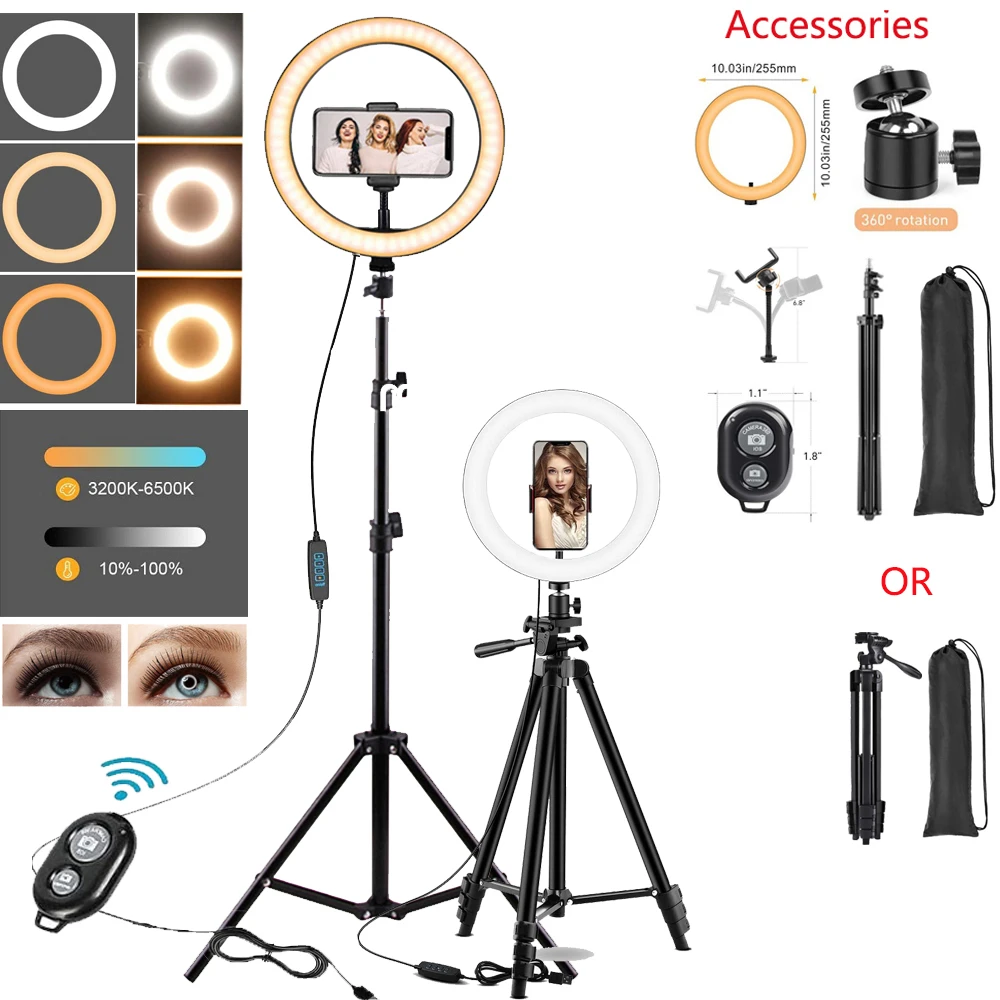 Suporte do Telefone Luz de Preenchimento Selfie Anel Fotografia Ringlight Tripé Círculo Pode Ser Escurecido Lâmpada Trepied Maquiagem 10in Led Luz - Image 2