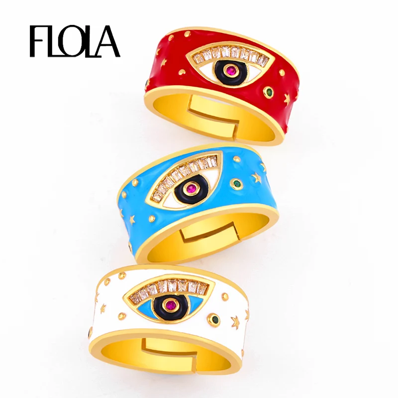 FLOLA Gold Greek Eye Enamel Ring Open Statement Evil Knuckle for Woman Colorful Jewelry ojo turco anillos rigj10 | Украшения и