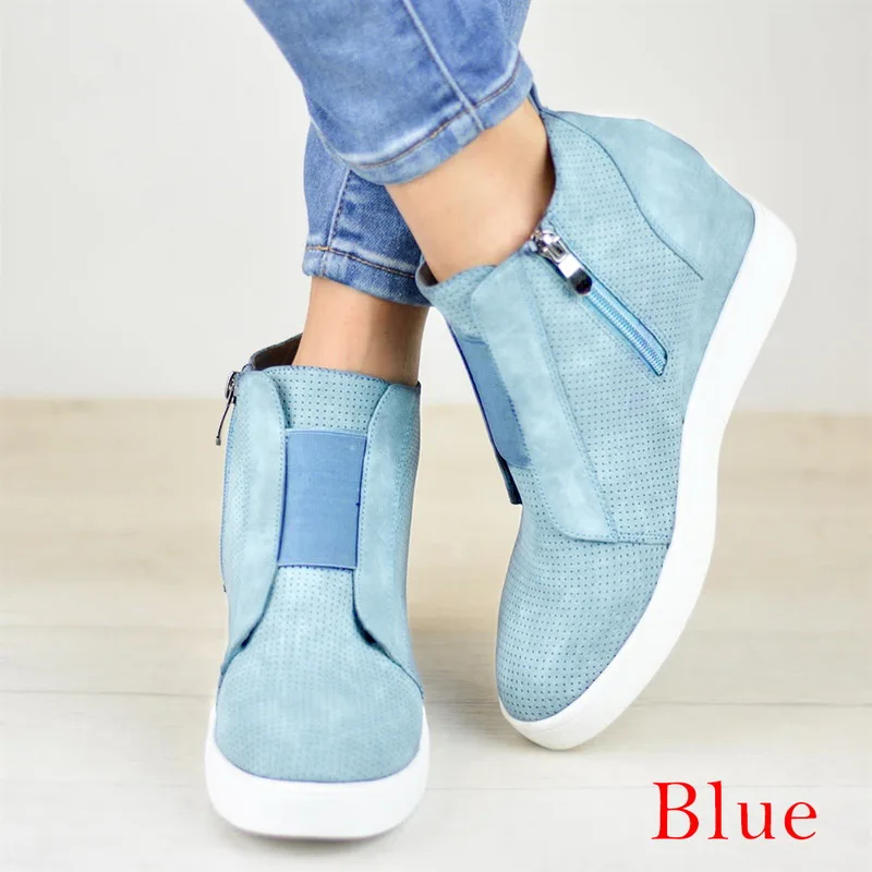 SHUJIN/ботинки; женские ботильоны на танкетке; сезон осень; женская обувь на высоком каблуке на молнии; Модные женские ботинки; botines mujer; - Цвет: blue