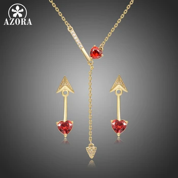 

AZORA Classic Wedding Heart Cut Red Cubic Zirconia Jewelry Set Gold Color Fine Necklace Earrings Accessory Gift 2019 New TG0279