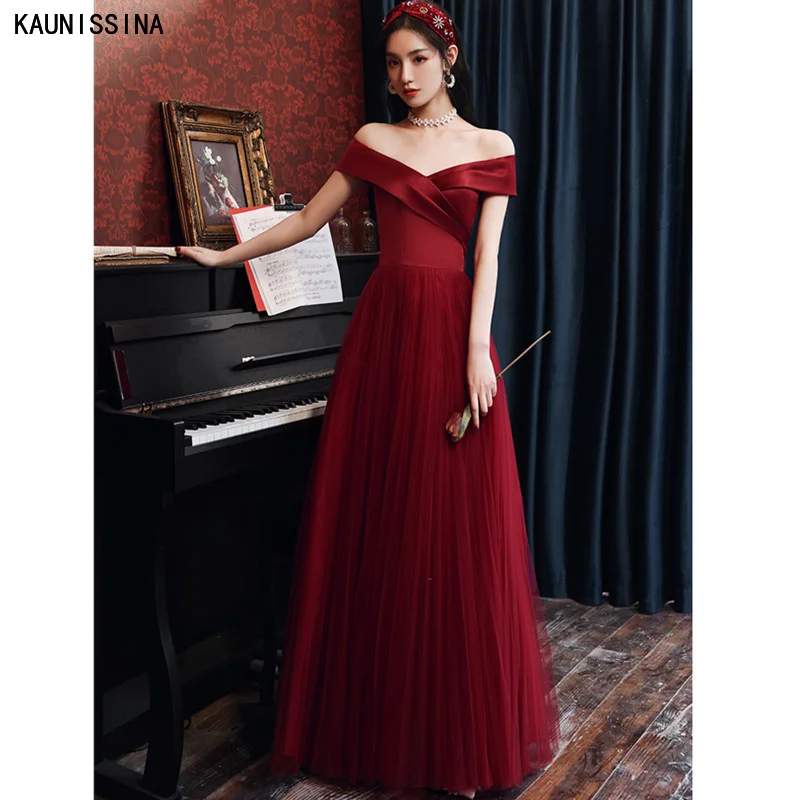 

KAUNISSINA Simple A Line Burgundy Evening Party Dress Satin Tulle Off Shoulder Sexy Evening Gowns Long Prom Dresses