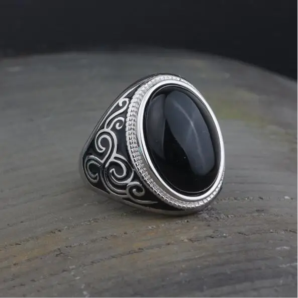 Черный S925 Серебряное кольцо для мужчин, модное, преувеличенное, черный натуральный камень, Открытое кольцо для мужчин и женщин, указательный палец, кольцо для мужчин - Цвет основного камня: Черный