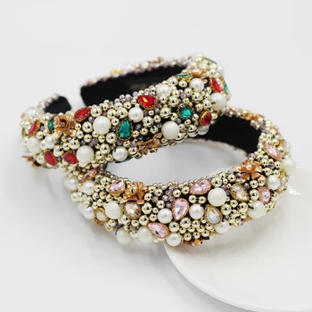 

Baroque fashion rhinestone headband Baroque Handmade Rhinestones Padded Headbands Gold Flower Crystal Pink pearl Beads Hair 765