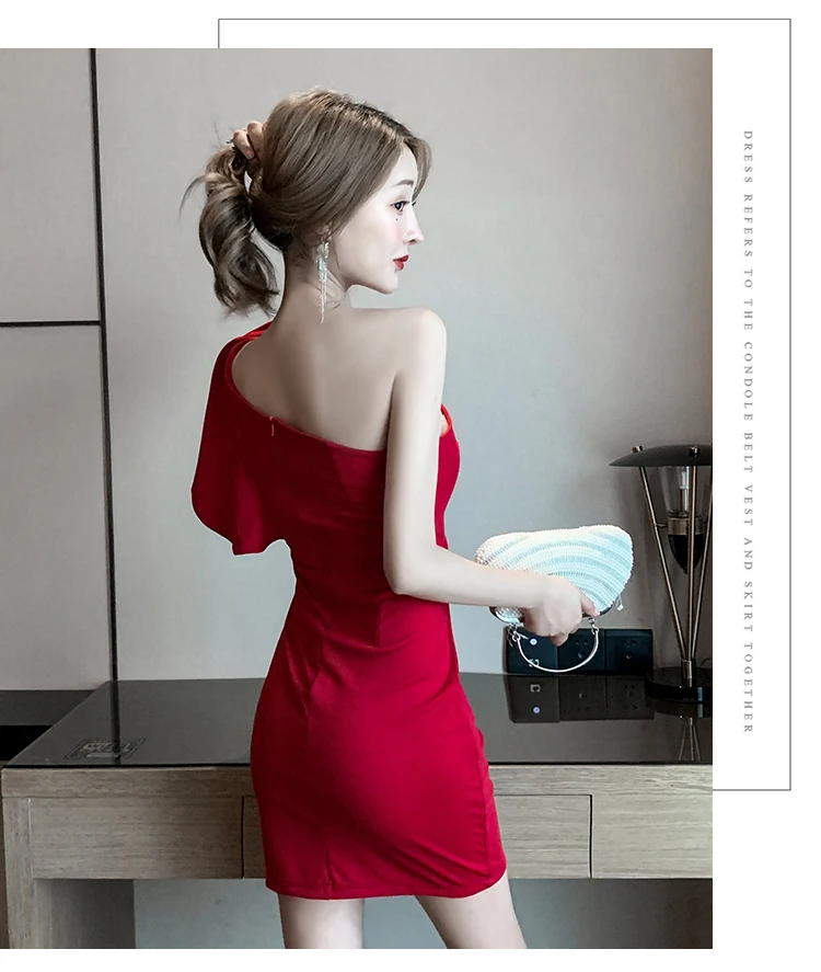 Irregular temperament slim fit bag buttock black bra dress off shoulder  sexy nightclub women's wear