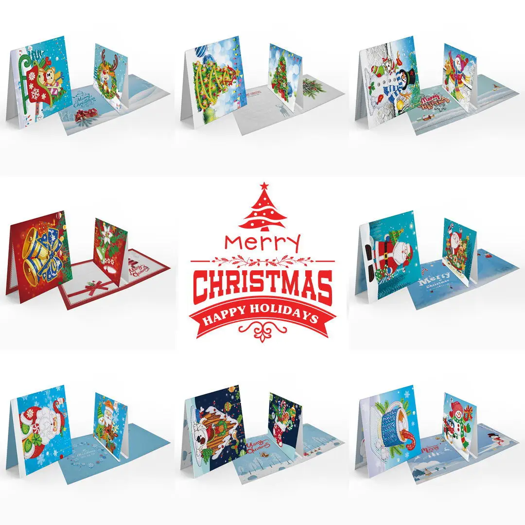 8pcs/Set Christmas DIY Diamond Painting Greeting Cards 5D Cartoon Postcards Kids Festival Embroidery Greet Cards Handmade Gifts
