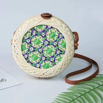 

New Fashion Women Summer Rattan Bags Round Straw Bags Circle Handwoven Bali Round Retro Rattan Straw Beach Bag Crossbody Green