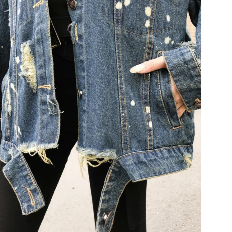Женский джинсовый жакет с портретным принтом, с ушками, мода, уличная одежда, джинсовое пальто, украшенное бисером, свободная винтажная верхняя одежда, Женская куртка
