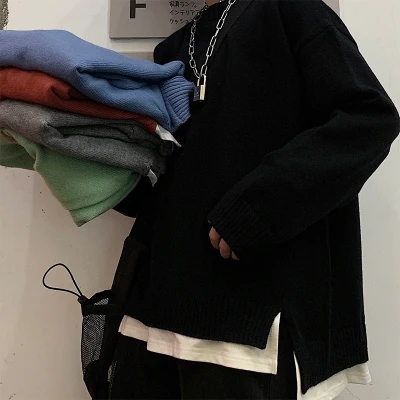Корейский мужской свитер Харадзюку, Одноцветный, новинка, Свободный вязаный свитер, мужской свитер с круглым вырезом и длинным рукавом, свитер пуловер большого размера - Цвет: Черный