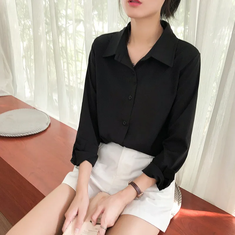 

Korean Style Women Temperament Wild Solid Color Loose V-neck Long-sleeved Chiffon Shirt