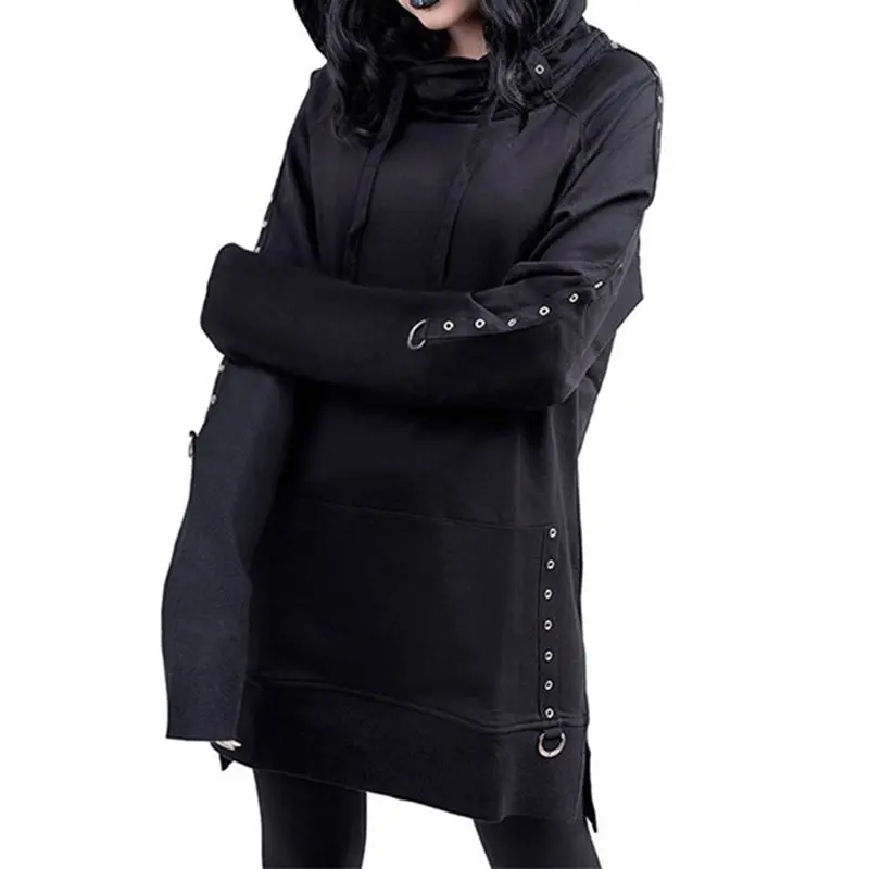 

Ruibbit Autumn Gothic Iron Ring Pullover Hoodie Women Split Loose Black Hooded Sweatshirt Long Sleeve Goth Casual Clothing
