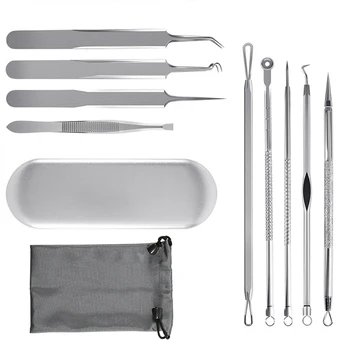 

9pcs Extractor Acne Tool Kit Blackhead Removing Treatments Face Nose Pimple Stainless Steel Makeup Gifts Blemish With Bag