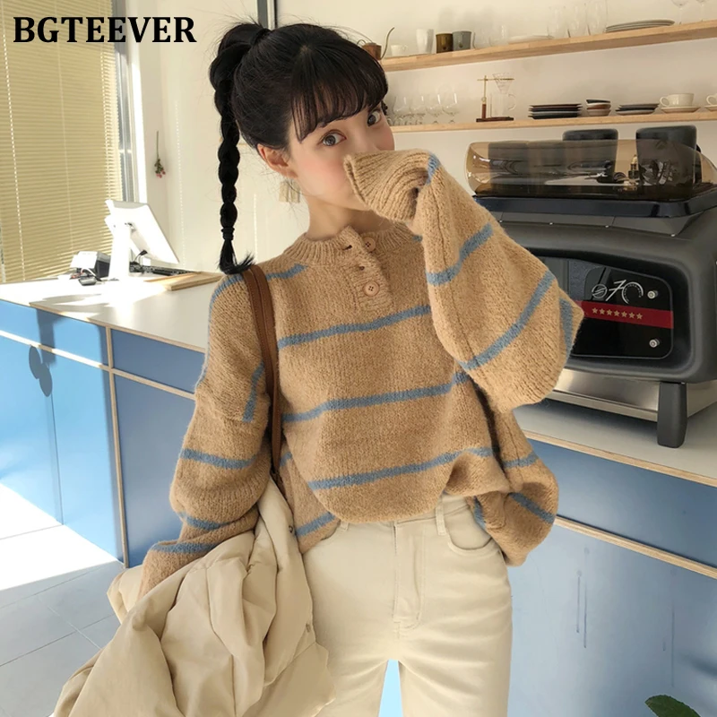 BGTEEVER, осенне-зимний женский свитер в полоску с круглым вырезом,, свободные женские вязаные Джемперы, женский свитер, пуловеры, вязаные топы - Цвет: khaki