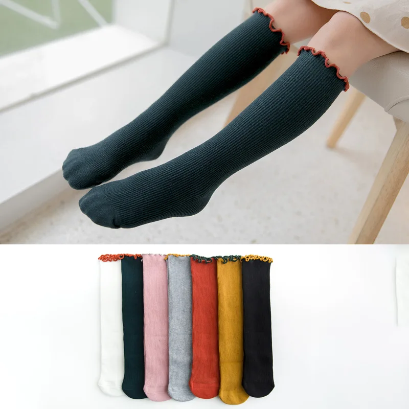 

19 Years Spring New Style Girls Cotton Crimping Bunching Socks Korean-style Versatile Children Double Needles Plain Color Stocki