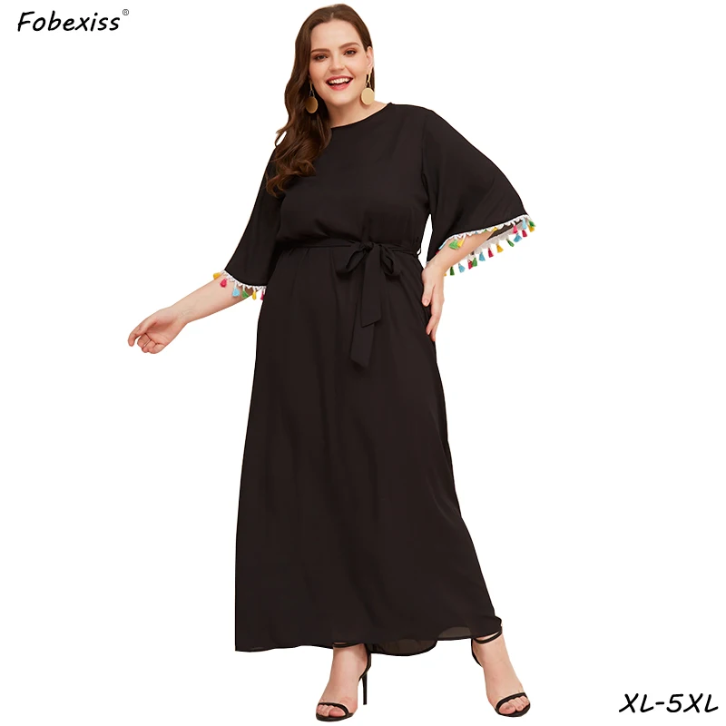 Платья размера плюс, 5XL, женское свободное повседневное Макси-Платье с расклешенными рукавами и высокой талией, элегантное черное платье с поясом и кисточками, женское Бандажное платье