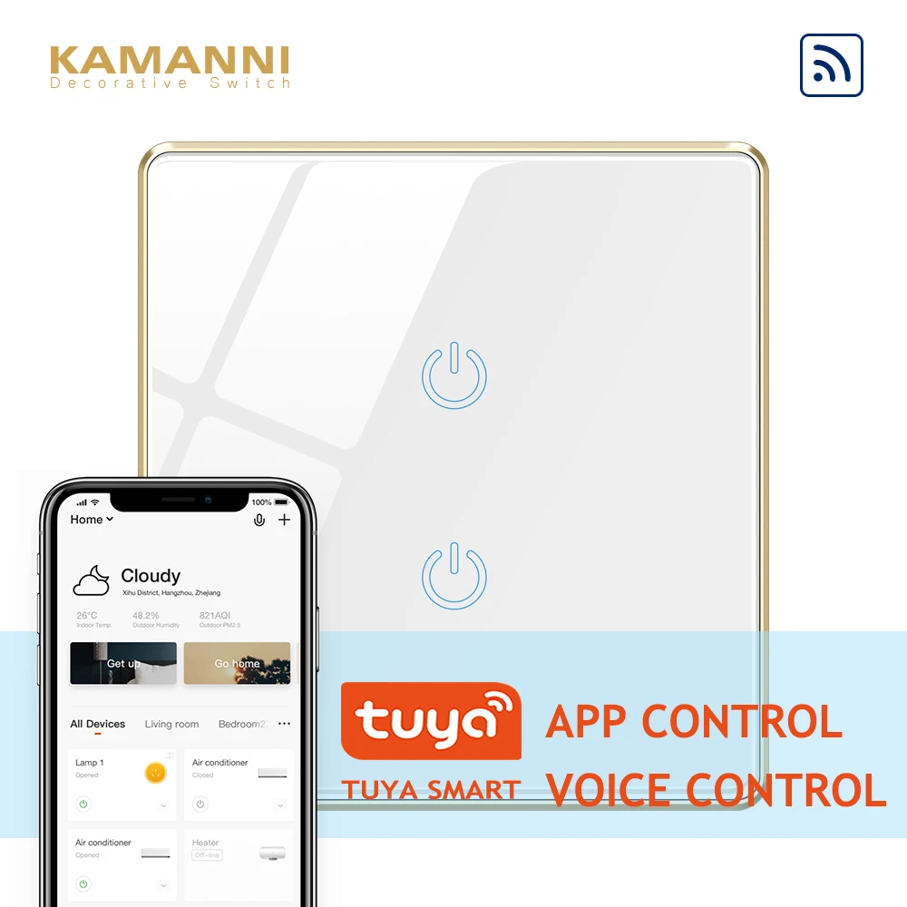 

Kamanni WiFi Touch Light Switch Google Home Control 2 Gang 1 Way Black/Golden/White/Grey 4 Colors Optional 1/2/3 Gang 1 Way 220v