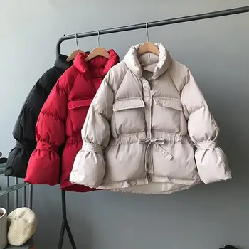 

Thick Women Winter Jacket Casual Single Breasted Korean Parkas Solid Fashion Stand Collar Warm Coat