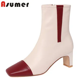 

ASUMER 2020 new arrive dress party shoes women ankle boots square toe mixed colors zip square high heel boots ladies