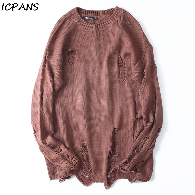  ICAPNS Oversized Men Women All-match Clothing Black Red Striped Hole Knit Sweaters Autumn Winter Sw