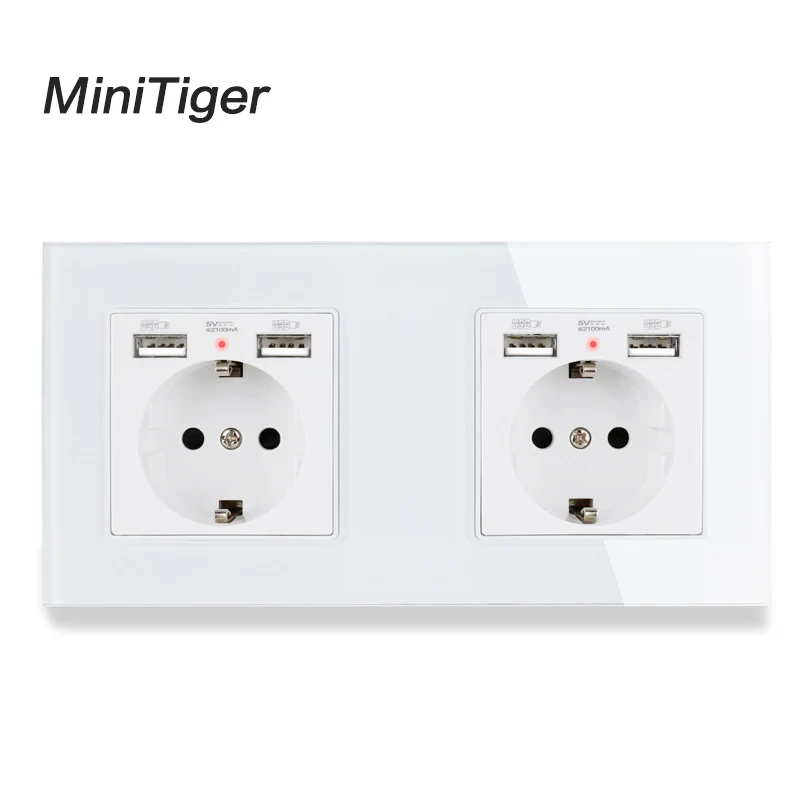 Minitiger 2 комплекта Россия Испания настенная розетка стандарта ЕС+ двойной USB порт зарядки скрытый мягкий светодиодный индикатор стеклянная панель 172*86 мм