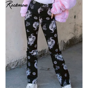 

Rockmore Chinese Style Straight Pants Dragon Print Plus Size Trousers Women Elastic High Waist Pants Streetwear Loose Joggers