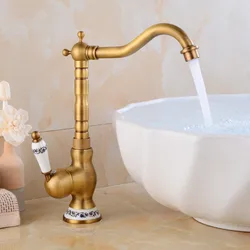 Antique Brass & Ceramics Base Kitchen Sink Faucets Hot & Cold Mixer 360 Degrees Rotating Single Handle Deck Mounted Copper Taps