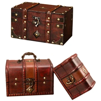 

3 Pcs Retro Treasure Chest Vintage Wooden Storage Box Antique Style Jewelry Organizer, 1 Pcs Wine Red & 2 Pcs Red